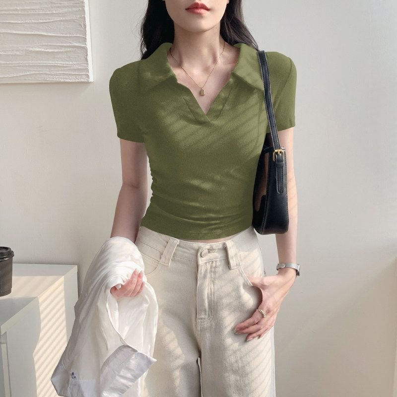 Women’s Ribbed Ruched Cropped Short-Sleeve Top