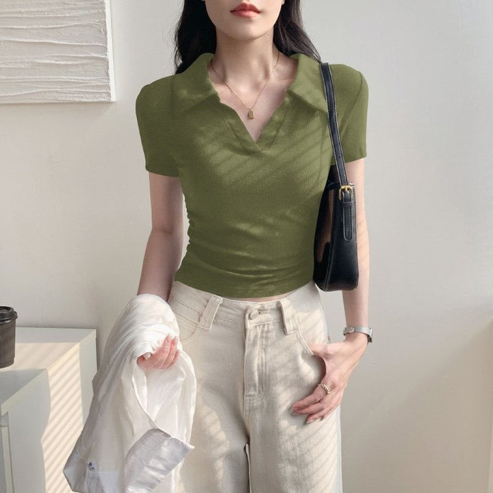 Women’s Ribbed Ruched Cropped Short-Sleeve Top
