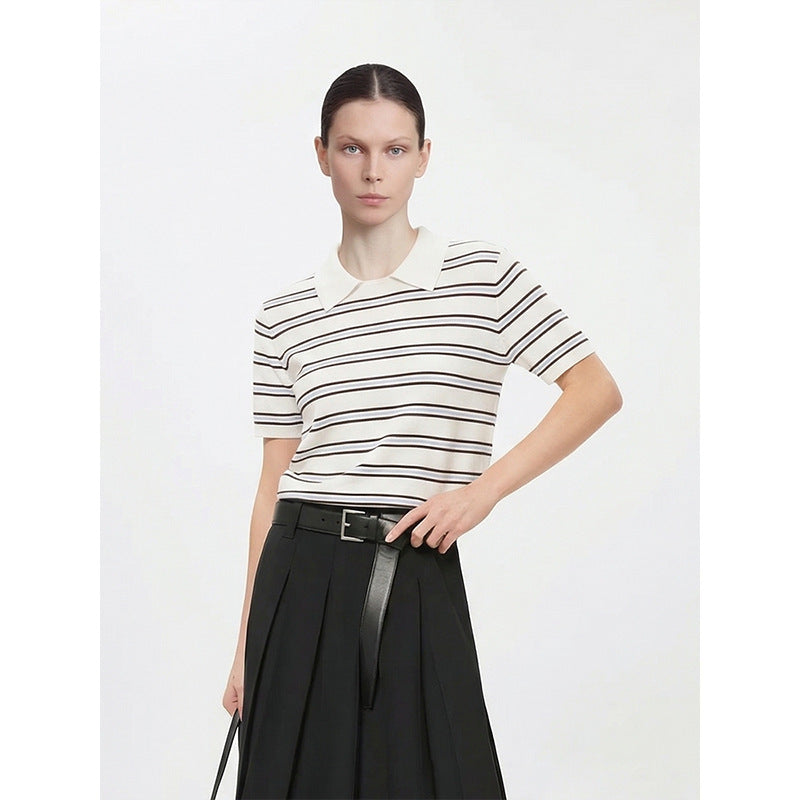 Striped Knit Polo Top with Contrast Collar