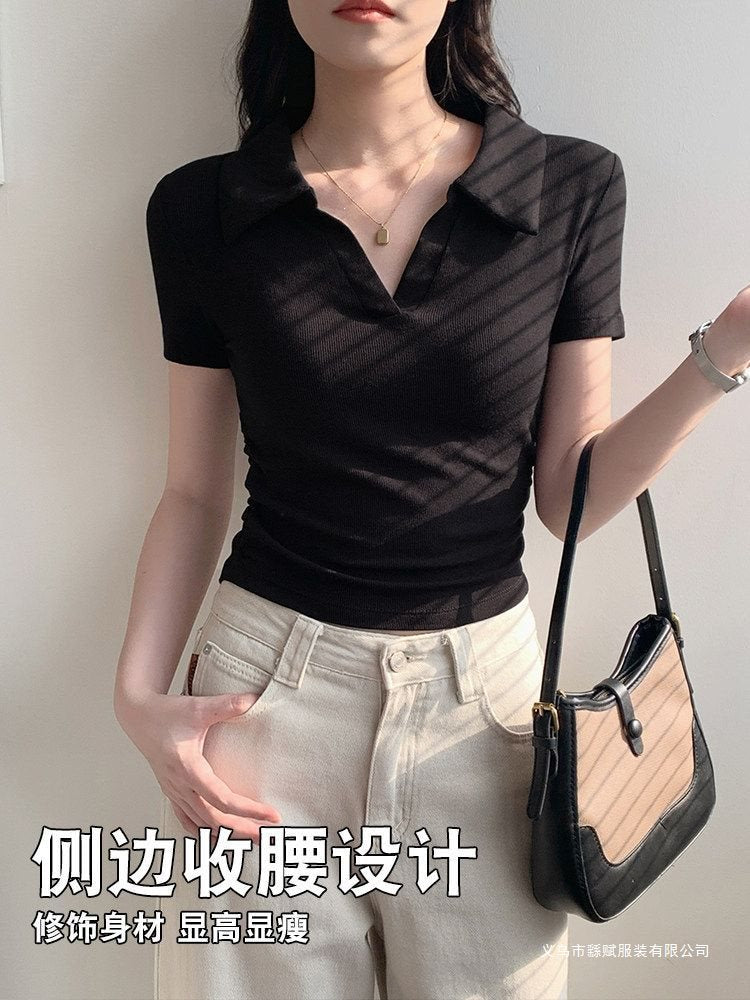 Women’s Ribbed Ruched Cropped Short-Sleeve Top