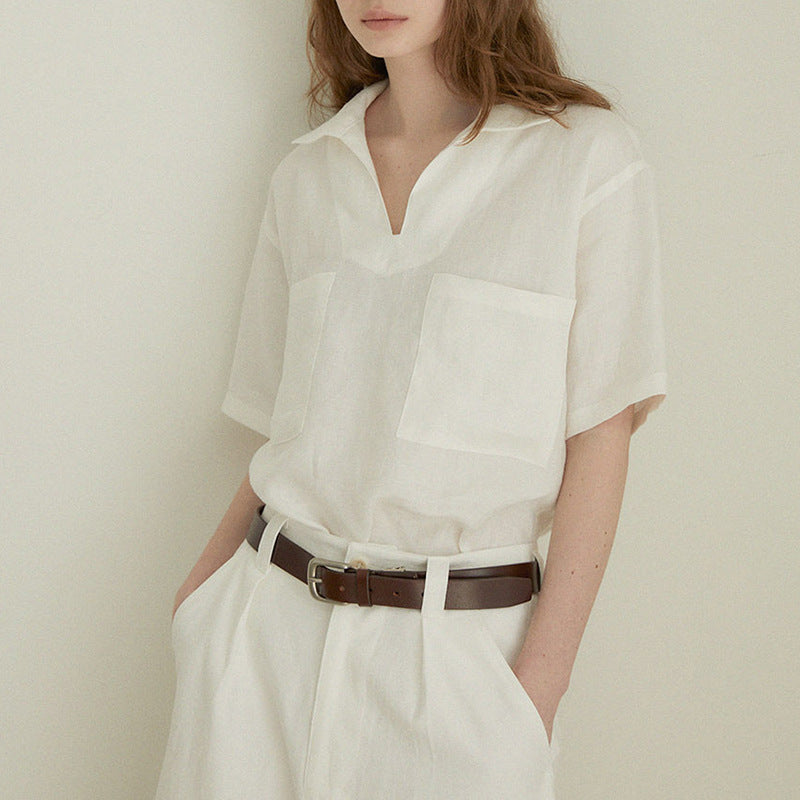 Old Money Pure Linen V Neck Short Sleeve Blouse for Women Minimalist Fit