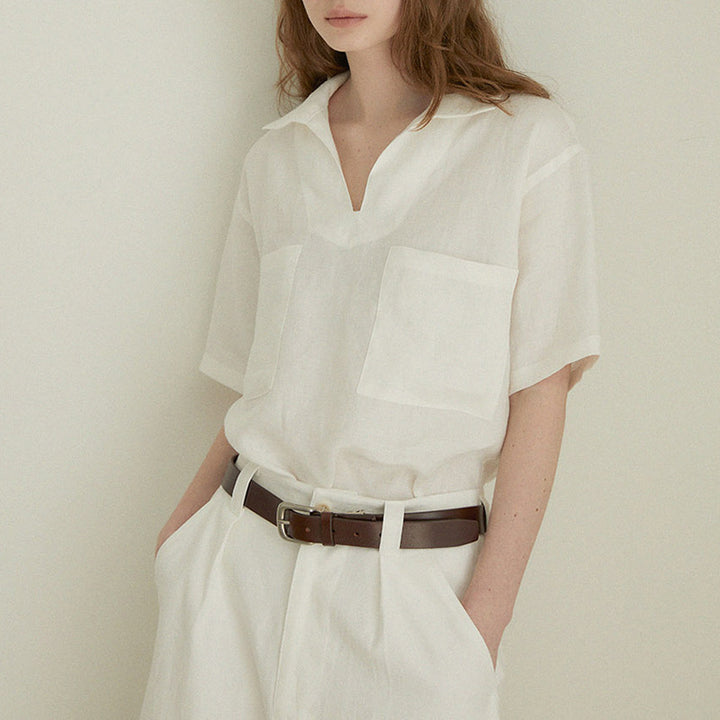 Old Money Pure Linen V Neck Short Sleeve Blouse for Women Minimalist Fit