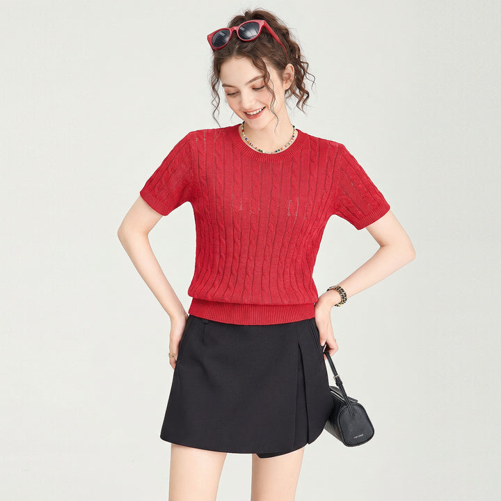 Damen Premium Tencel Baumwollmischung Zopfmuster Kurzarm-Oberteil