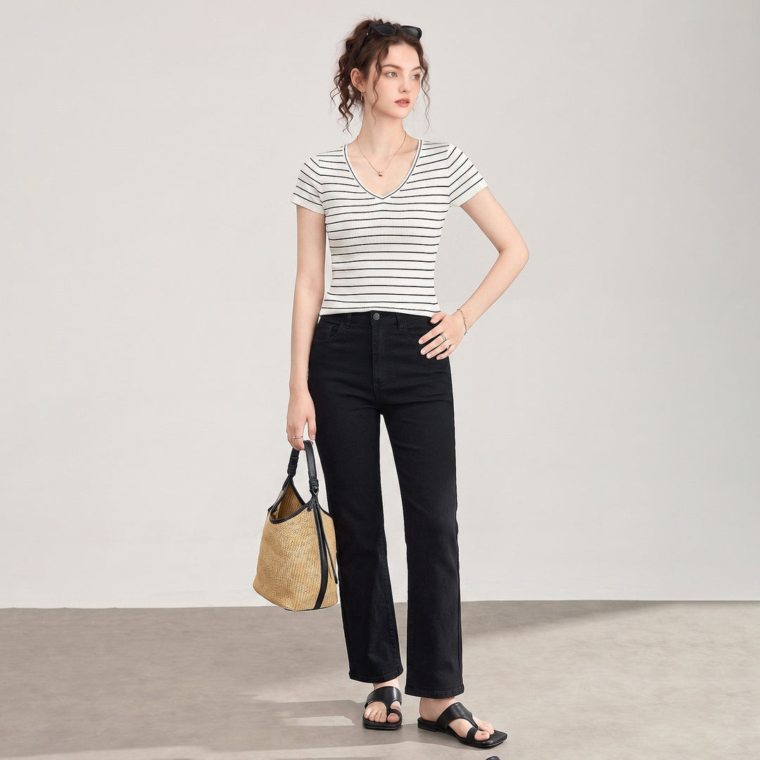 18-Gauge Fine Rib Merino &amp; Acetate Wool V-Neck Knit Top