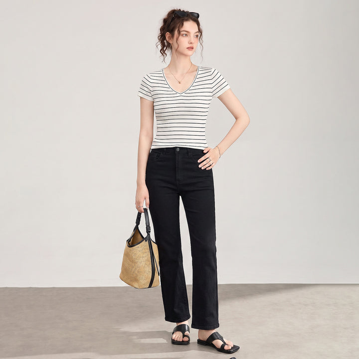 18-Gauge Fine Rib Merino &amp; Acetate Wool V-Neck Knit Top