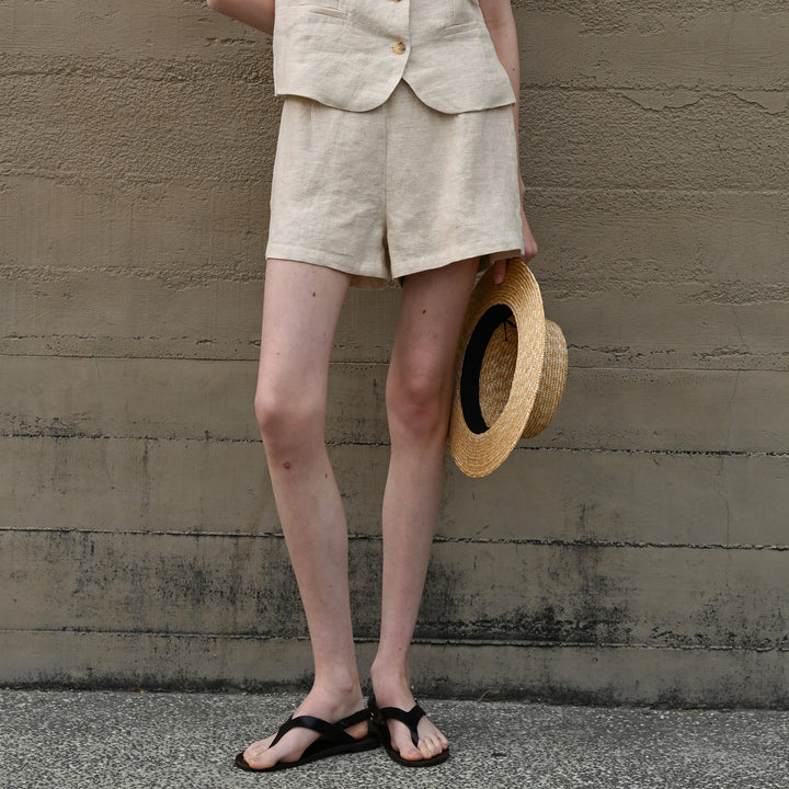 Women High Waist Pure Linen Shorts Yarn Dyed Old Money Summer Casual Trousers Niche Design Straight Leg Pants