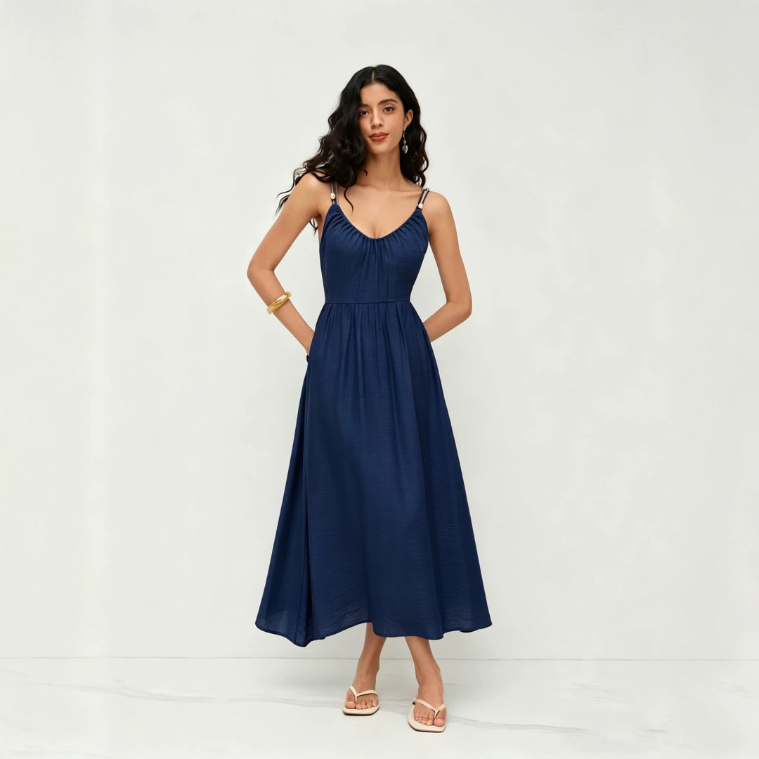 2026 Summer Boho Sexy Backless V Neck Halter Maxi Dress Casual Vacation Swing Sundress