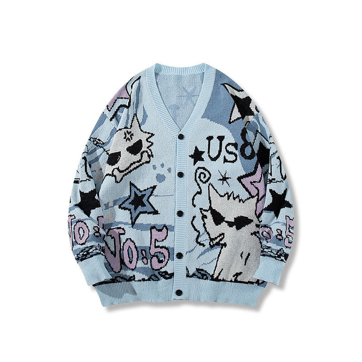 Long Sleeve American Cartoon Jacquard Cardigan Oversized Couple Sweater