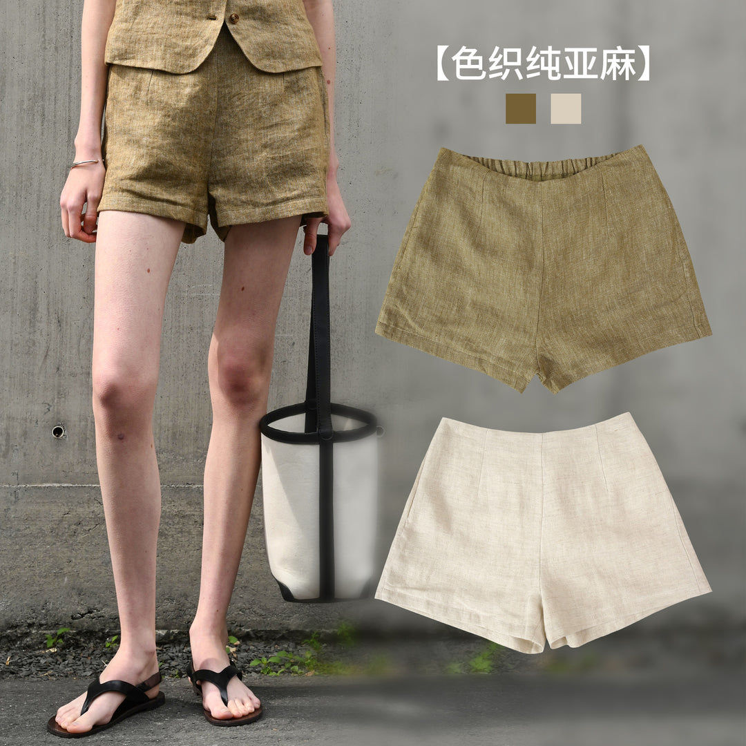 Women High Waist Pure Linen Shorts Yarn Dyed Old Money Summer Casual Trousers Niche Design Straight Leg Pants