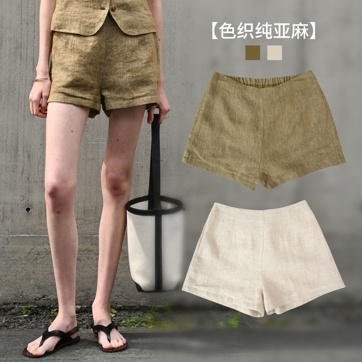 Women High Waist Pure Linen Shorts Yarn Dyed Old Money Summer Casual Trousers Niche Design Straight Leg Pants