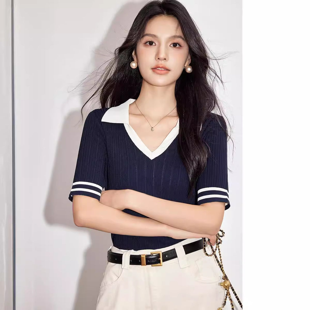 Women’s Striped Short-Sleeve Knit Polo Top
