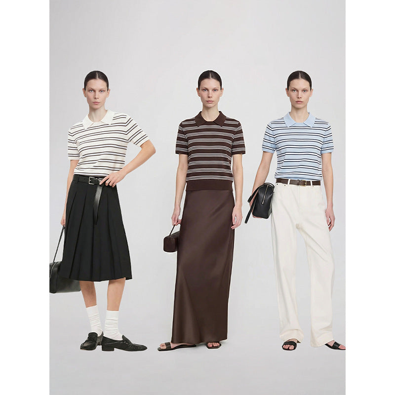 Striped Knit Polo Top with Contrast Collar