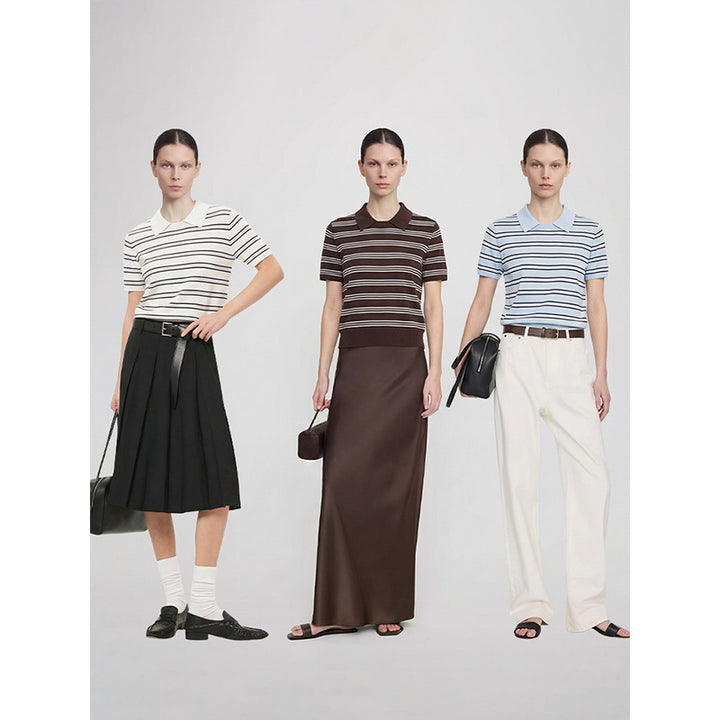 Striped Knit Polo Top with Contrast Collar