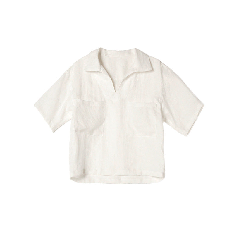 Old Money Pure Linen V Neck Short Sleeve Blouse for Women Minimalist Fit