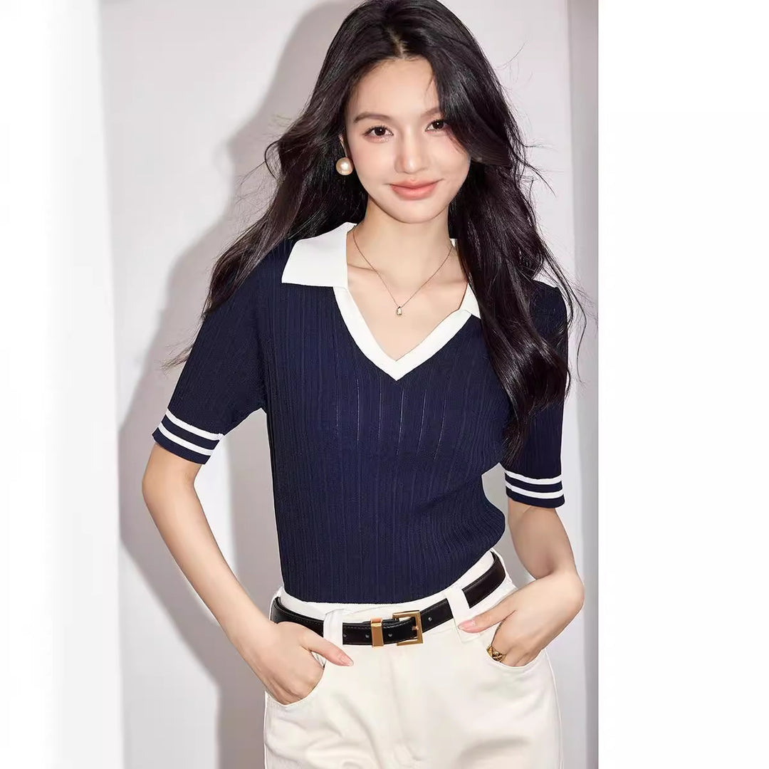 Women’s Striped Short-Sleeve Knit Polo Top