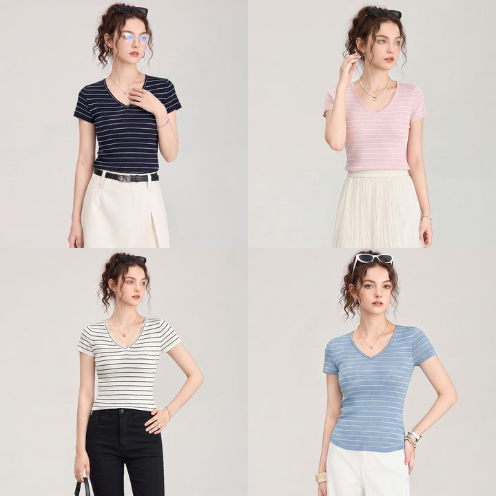 18-Gauge Fine Rib Merino &amp; Acetate Wool V-Neck Knit Top