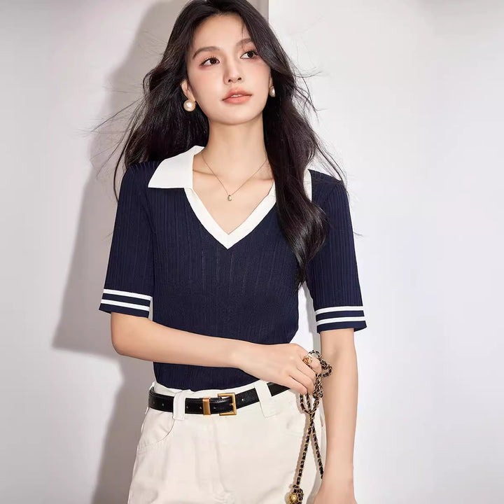 Women’s Striped Short-Sleeve Knit Polo Top