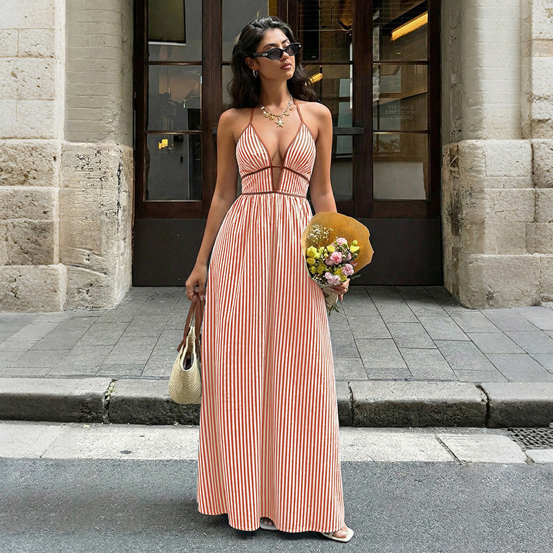 Sexy Striped Deep V-Neck Halter Maxi Dress - Backless Vacation Sundress