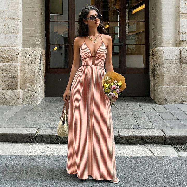 Sexy Striped Deep V-Neck Halter Maxi Dress - Backless Vacation Sundress