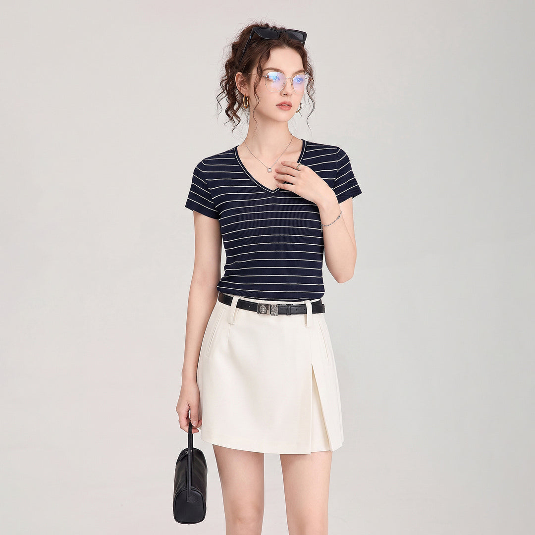 18-Gauge Fine Rib Merino &amp; Acetate Wool V-Neck Knit Top