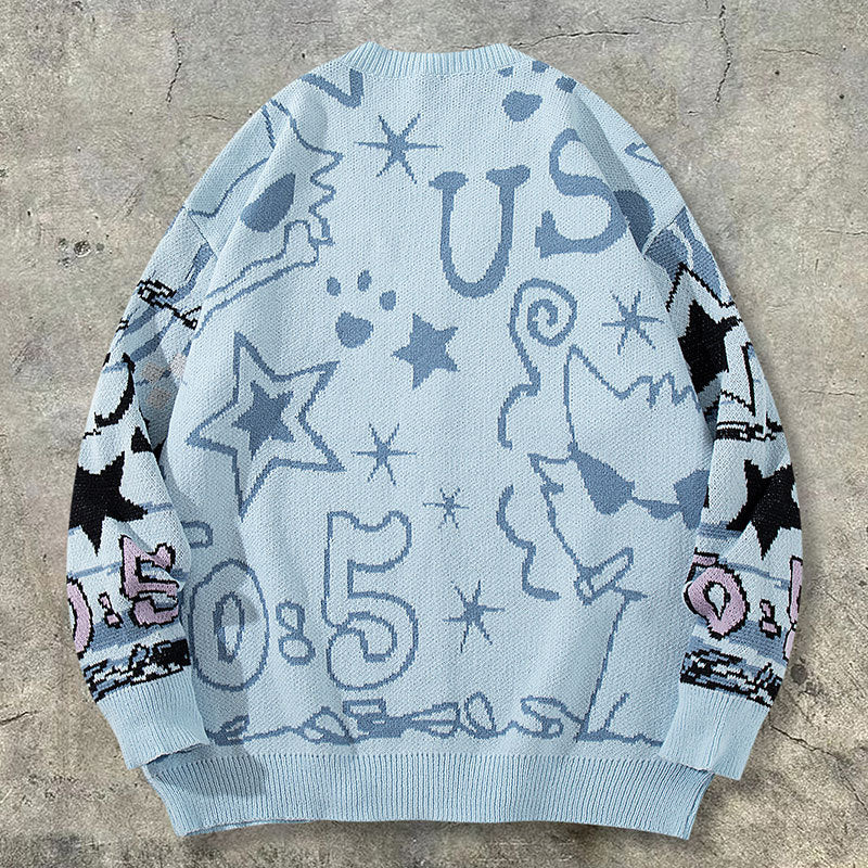 Long Sleeve American Cartoon Jacquard Cardigan Oversized Couple Sweater