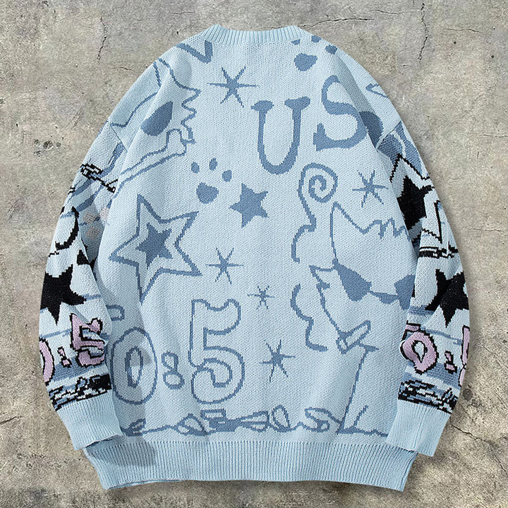Long Sleeve American Cartoon Jacquard Cardigan Oversized Couple Sweater