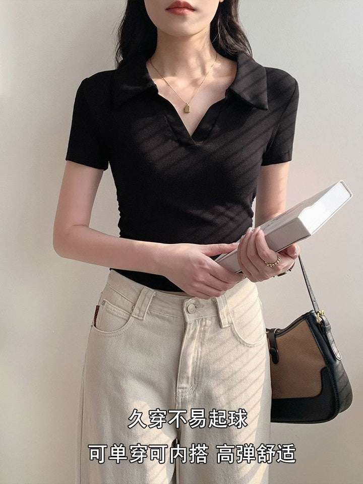 Women’s Ribbed Ruched Cropped Short-Sleeve Top