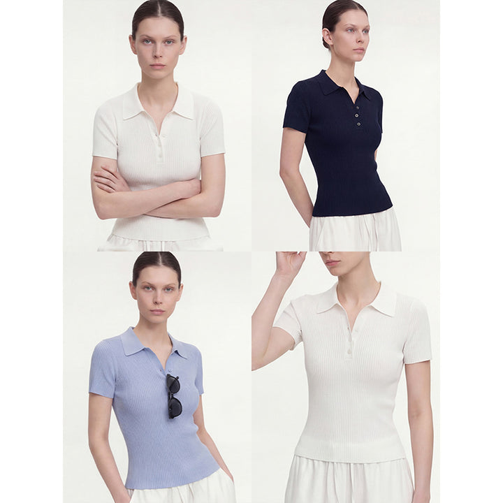 Geripptes kurzärmeliges Stricktop mit Reverskragen für Damen
