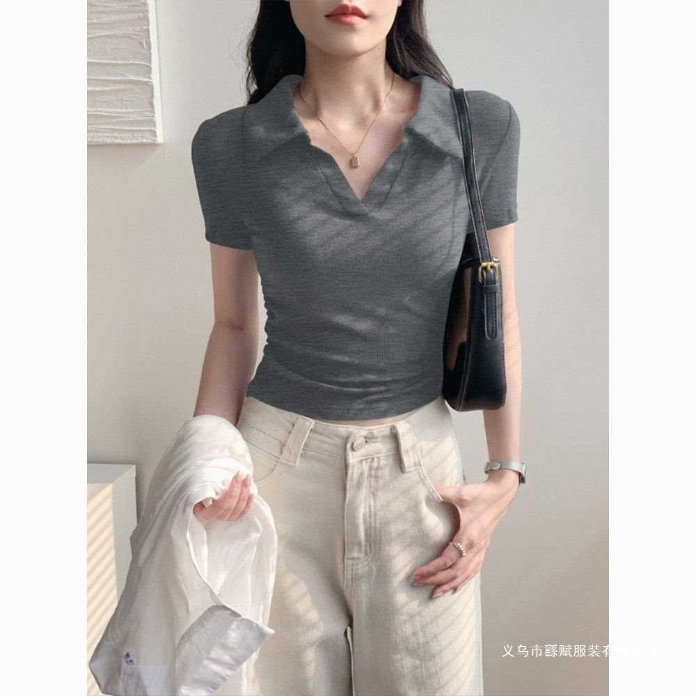 Women’s Ribbed Ruched Cropped Short-Sleeve Top