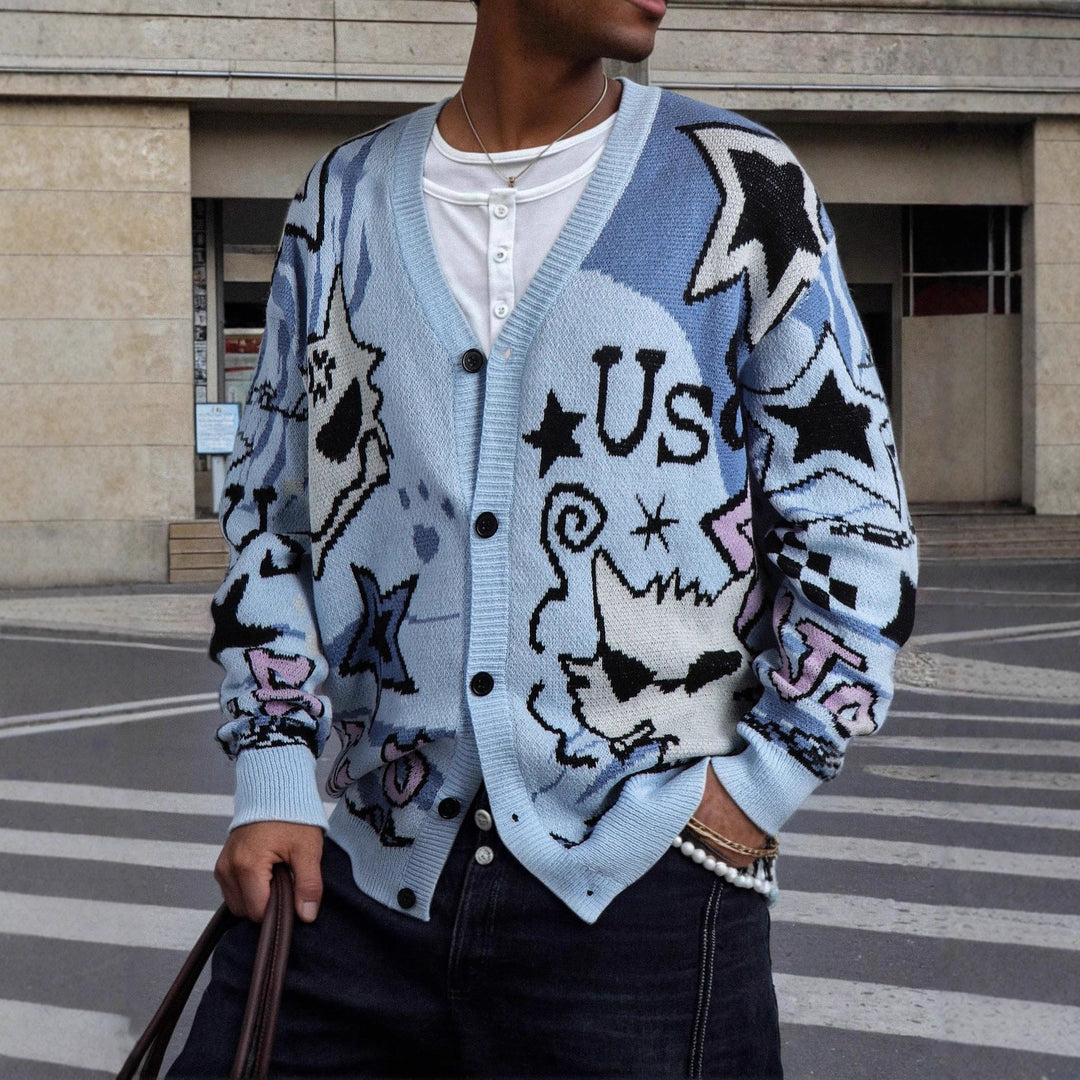 Long Sleeve American Cartoon Jacquard Cardigan Oversized Couple Sweater