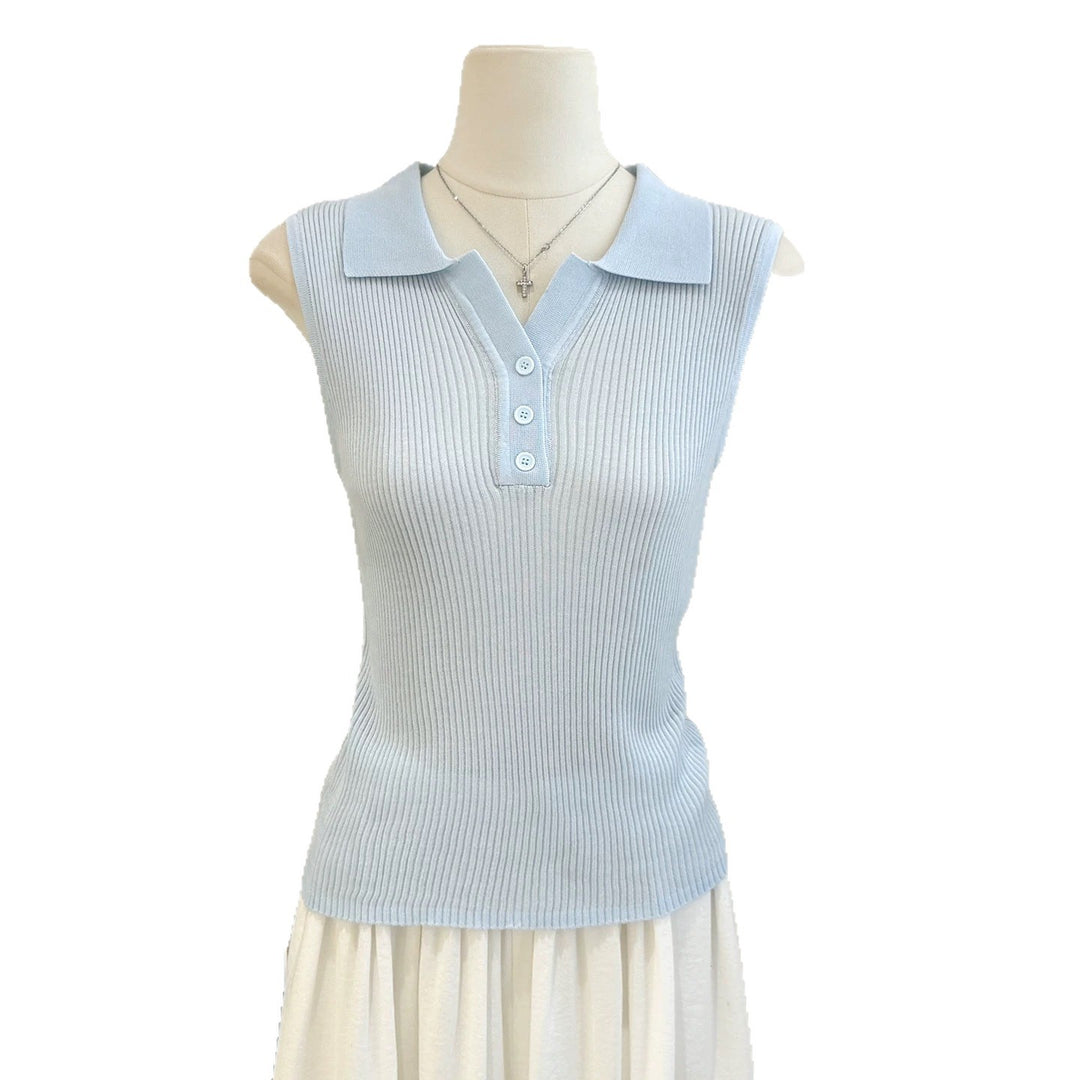 Geripptes kurzärmeliges Stricktop mit Reverskragen für Damen