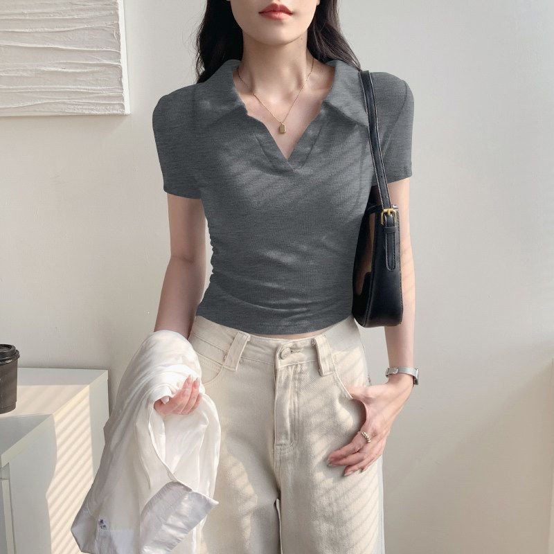 Women’s Ribbed Ruched Cropped Short-Sleeve Top