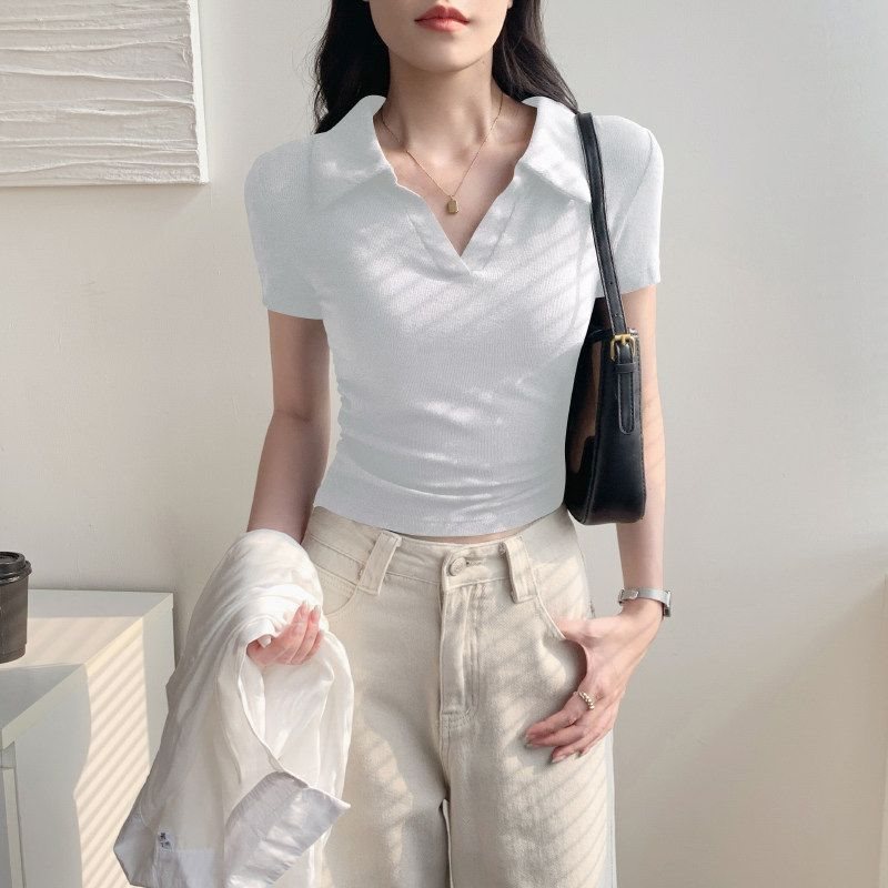 Women’s Ribbed Ruched Cropped Short-Sleeve Top