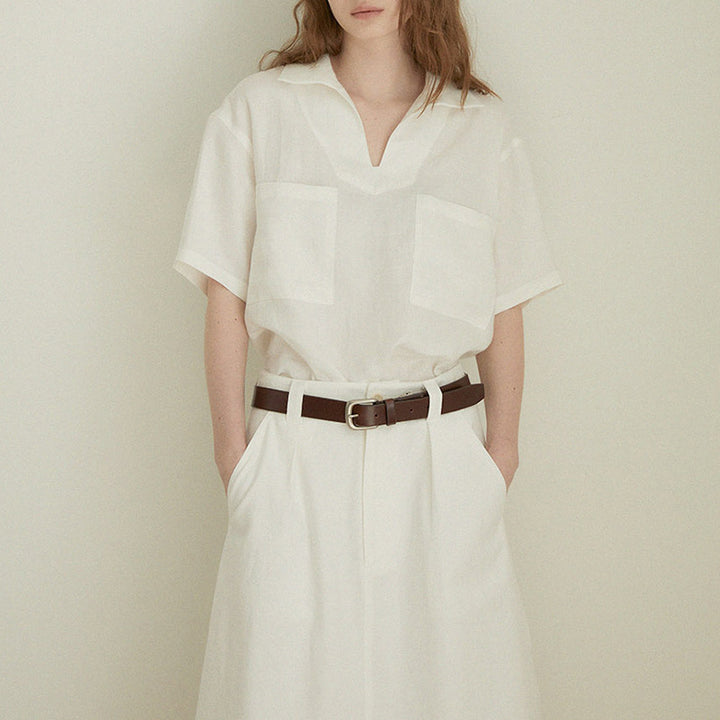 Old Money Pure Linen V Neck Short Sleeve Blouse for Women Minimalist Fit