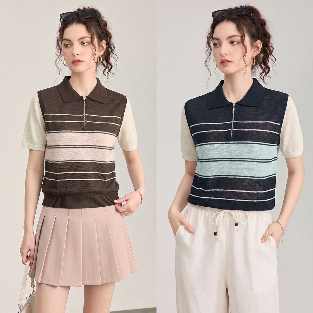 Striped Half-Zip Polo Sweater - 16GG Ultra-Fine Tencel Linen Knit