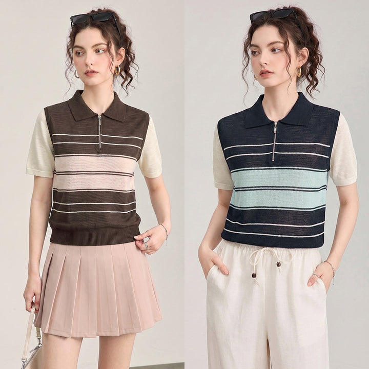 Striped Half-Zip Polo Sweater - 16GG Ultra-Fine Tencel Linen Knit