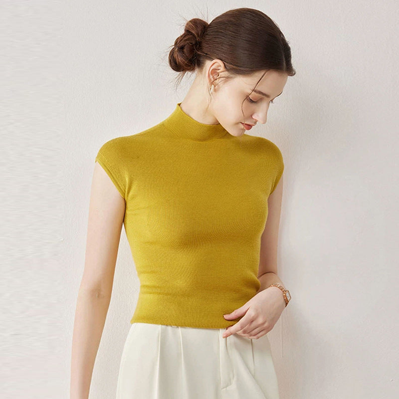 Women’s Wool Mock Neck Cap-Sleeve Knit Top