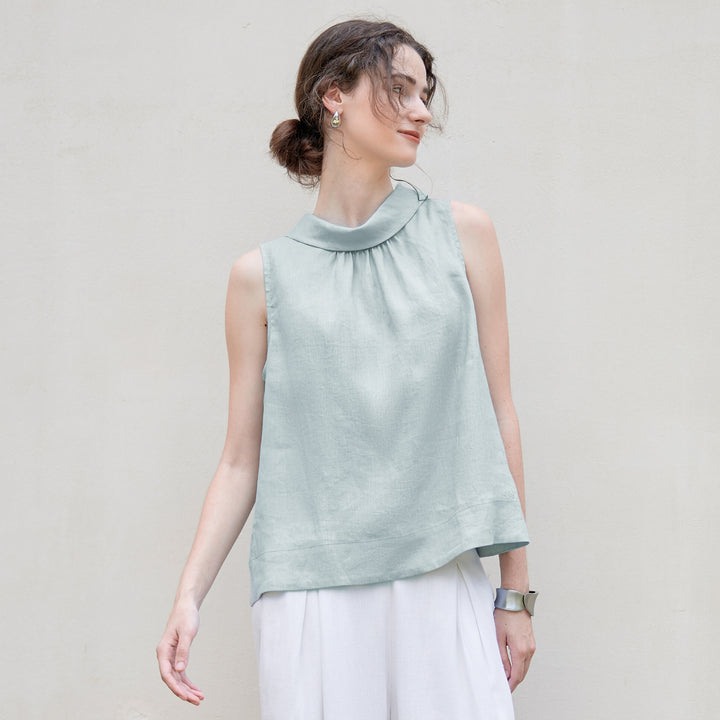 Minimalist Linen Stand Collar Sleeveless Blouse for Women Loose Fit
