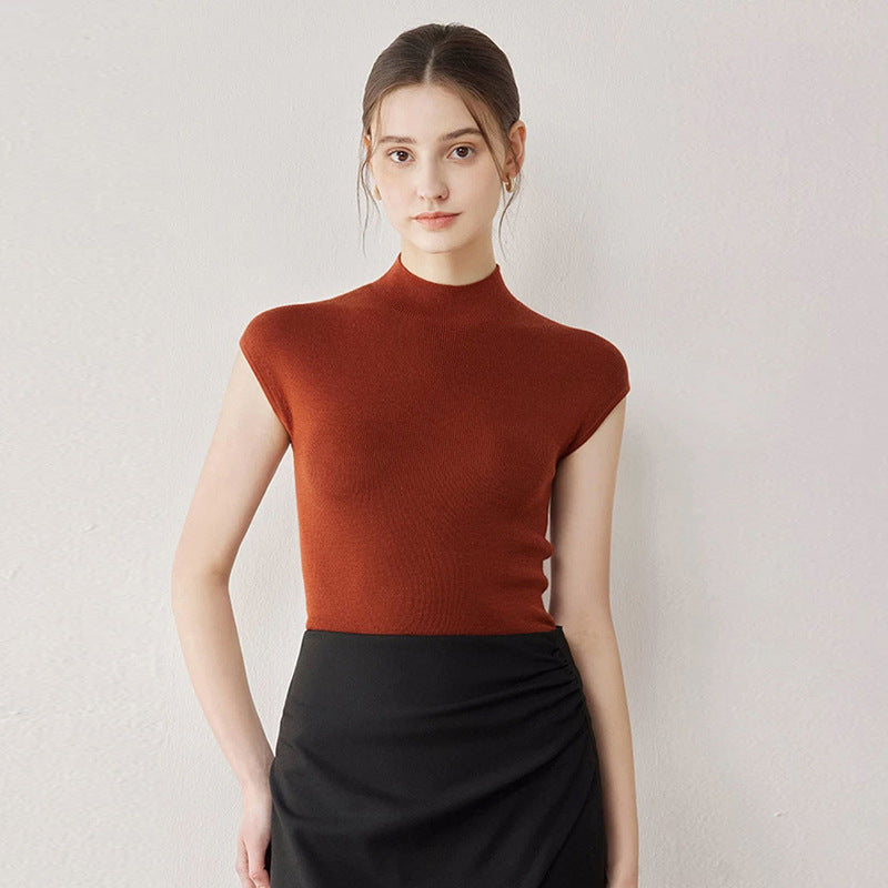 Women’s Wool Mock Neck Cap-Sleeve Knit Top