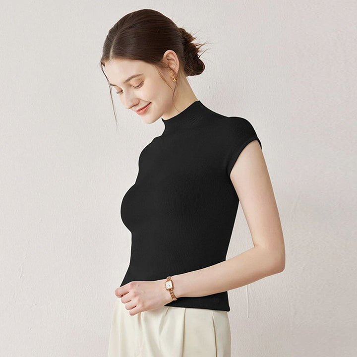 Women’s Wool Mock Neck Cap-Sleeve Knit Top