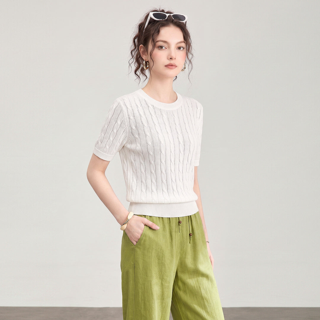 Damen Premium Tencel Baumwollmischung Zopfmuster Kurzarm-Oberteil