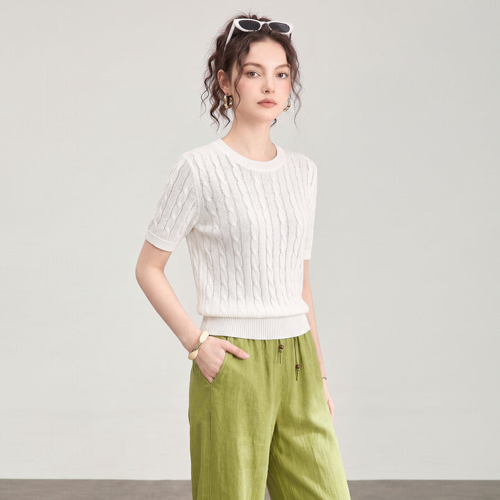Damen Premium Tencel Baumwollmischung Zopfmuster Kurzarm-Oberteil