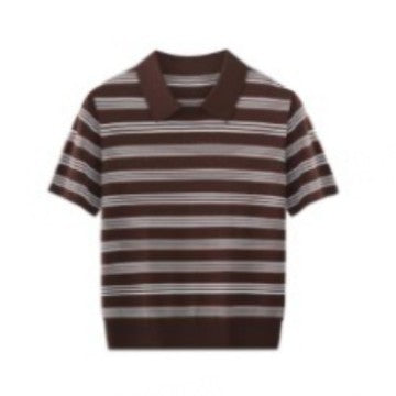 Striped Knit Polo Top with Contrast Collar