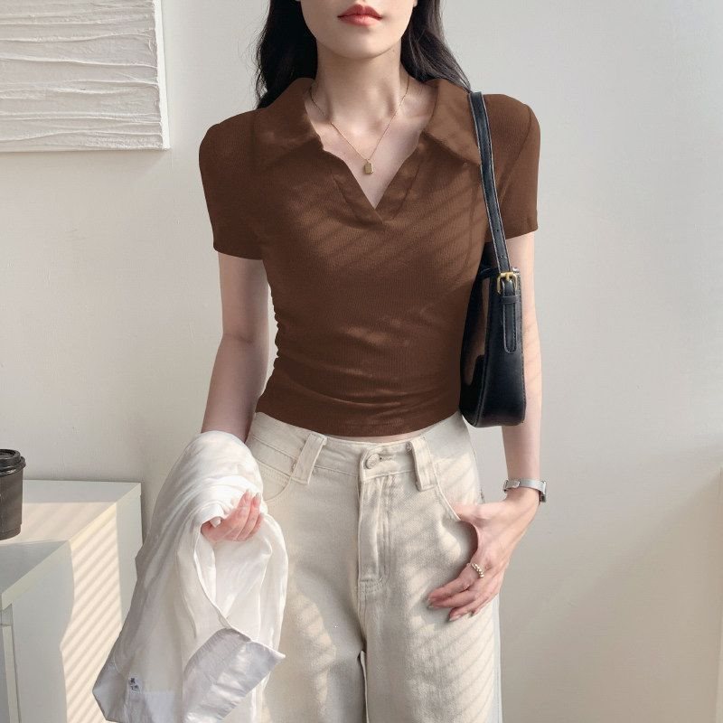 Women’s Ribbed Ruched Cropped Short-Sleeve Top