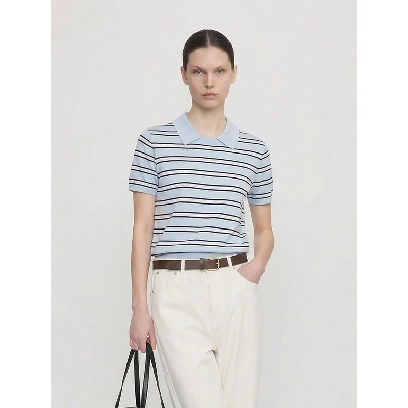 Striped Knit Polo Top with Contrast Collar