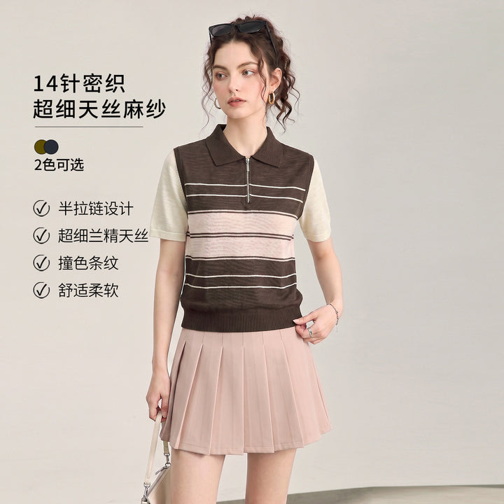 Striped Half-Zip Polo Sweater - 16GG Ultra-Fine Tencel Linen Knit
