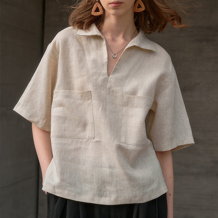 Old Money Pure Linen V Neck Short Sleeve Blouse for Women Minimalist Fit