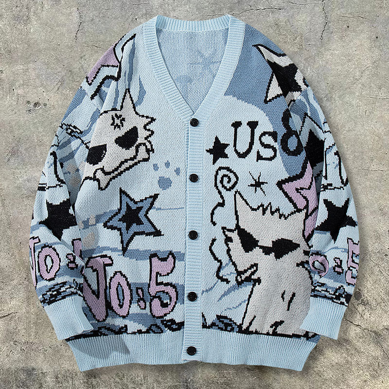 Long Sleeve American Cartoon Jacquard Cardigan Oversized Couple Sweater