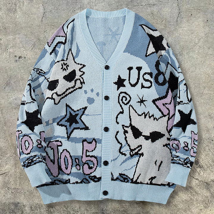 Long Sleeve American Cartoon Jacquard Cardigan Oversized Couple Sweater