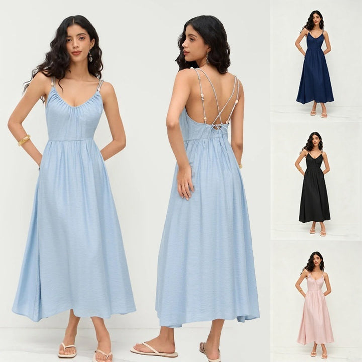 2026 Summer Boho Sexy Backless V Neck Halter Maxi Dress Casual Vacation Swing Sundress
